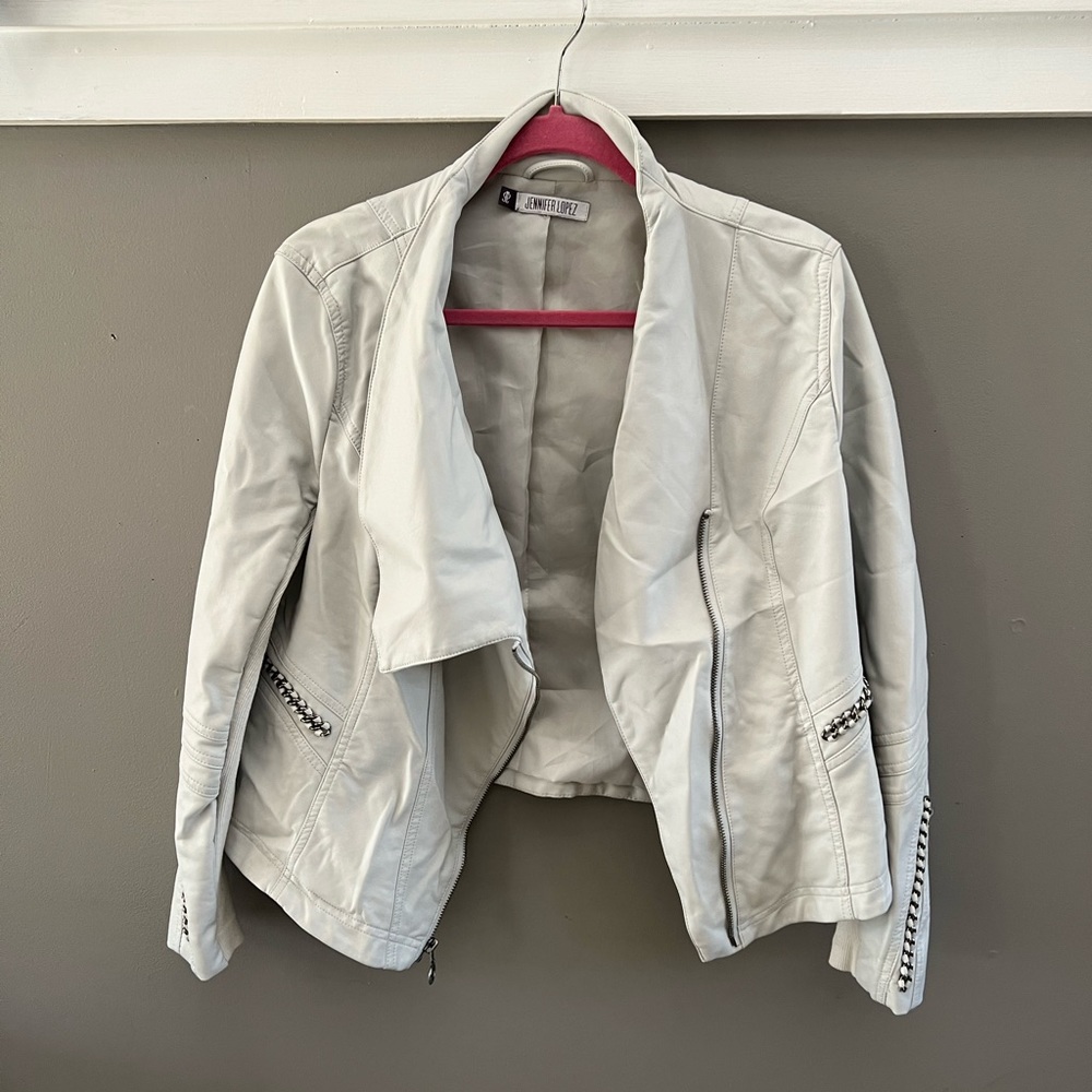 J.Lo grey / gray faux leather jacket with metal accents